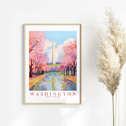 Miniatura 5 de ColorAndFlair Washington DC Travel Print Souvenir - Póster retro de DC para pared, diseño de monumento a Washington, pintura de paisaje