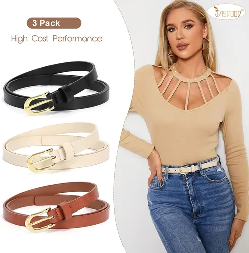Miniatura 3 de JASGOOD Paquete de 3 cinturones de cuero delgado para mujer, cinturón fino de piel sintética con hebilla dorada de metal para pantalones de mezclilla