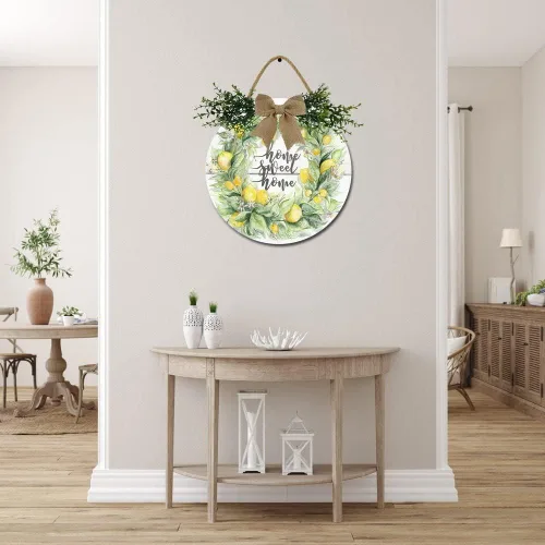 Miniatura 4 de Letrero de corona de limón para puerta delantera, coronas divertidas, decoración de placa de madera para colgar, decoración redonda de madera