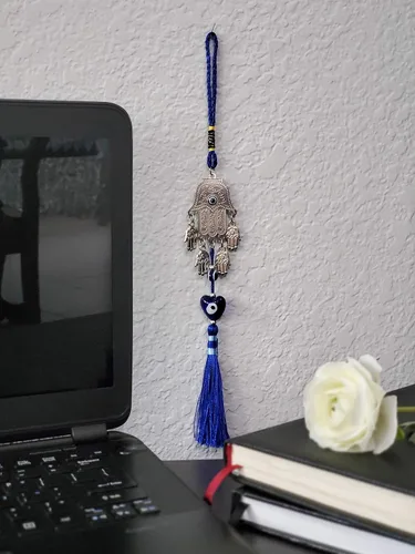 Miniatura 5 de LUCKBOOSTIUM Elegante adorno colgante de mano Hamsa plateado – Dije y signo de buena suerte y bendición – Accesorios decorativos para el hogar