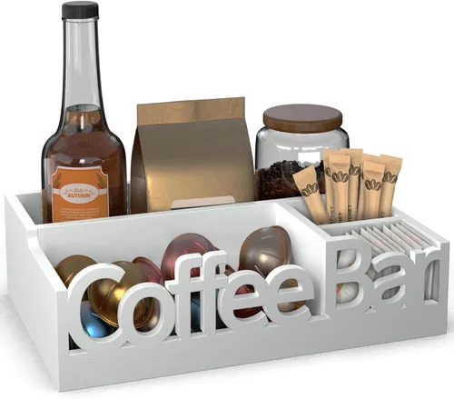 Organizador de Barra de Café para Encimera – Caddy de Estación de Café de Madera con Compartimentos para Cápsulas, Condimentos, Té y Accesorios –