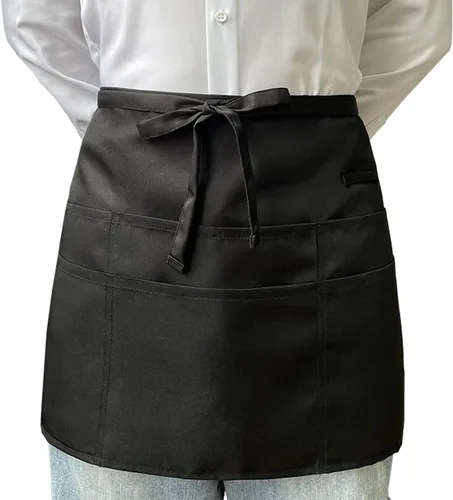Miniatura 7 de Delantales de servidor negros con 6 bolsillos, delantal de cintura para camarero unisex, peluquero y limpiador