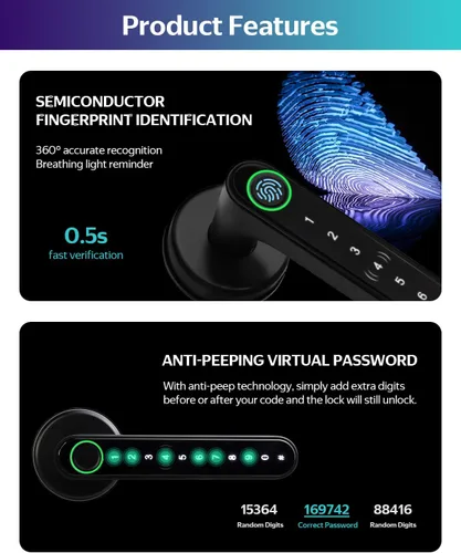 Miniatura 3 de TTLock Smart Lock Cerradura de puerta de huellas dactilares, cerradura inteligente 5-1 cerradura de puerta de entrada sin llave con lector