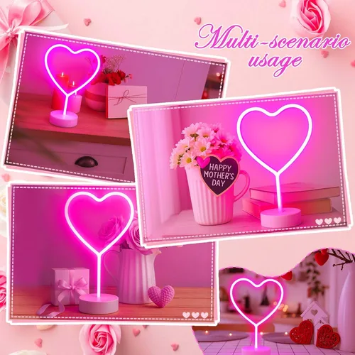 Miniatura 3 de BHCLIGHT Letrero de neón de corazón rosa, luz LED de neón para el día de San Valentín, funciona con pilas o USB, luces de corazón rosa de San