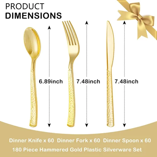 Miniatura 3 de Supernal 180 cubiertos de plástico dorado, utensilios de plástico desechables resistentes, juegos de cubiertos desechables dorados incluyen 60