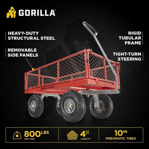Miniatura 2 de Carrito de servicios de acero Gorilla Carts con lados extraíbles con una capacidad de 800 libras, rojo