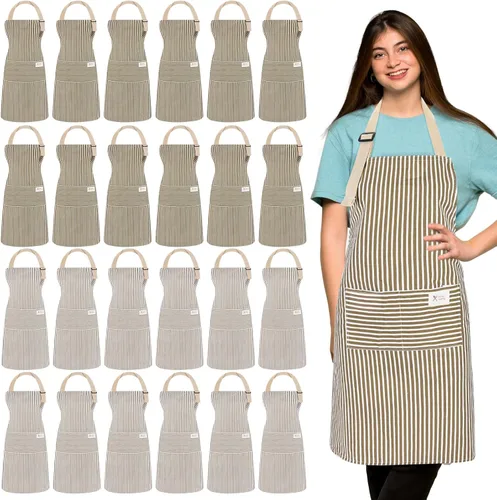 Miniatura 16 de Janmercy 24 delantales para mujeres y hombres con 2 bolsillos, delantal de cocina de lino, delantal ajustable para chef, delantales a granel unisex