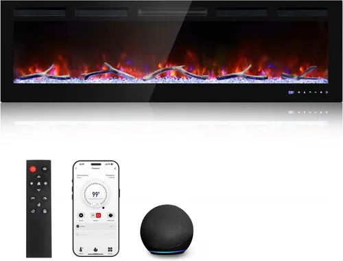 Miniatura 9 de Cheerway Chimenea eléctrica inteligente WiFi de 42 pulgadas, calentador eléctrico empotrado y montado en la pared con sonido crepitante y llama