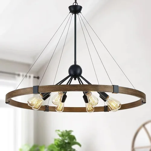 Miniatura 12 de XINGQI Lámpara de araña grande de 38 pulgadas con ruedas de carro, moderna lámpara colgante de níquel cepillado, 8 luces rústicas para comedor, sala