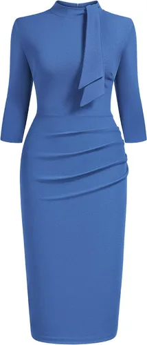 Miniatura 3 de Miusol - Vestido entallado de cóctel, plisado, estilo retro, cuello medio.