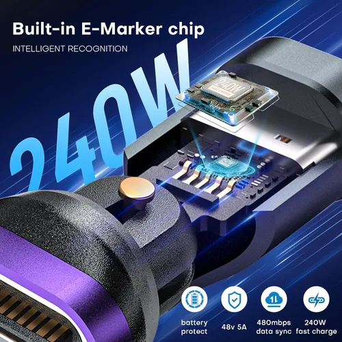 Miniatura 4 de Adaptador magnético USB C a C, giratorio de 16 pines 540 ° antiarco, PD 240 W carga rápida transferencia de datos de 480 Mbps, conexión segura