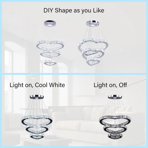 Miniatura 3 de Lámpara de araña moderna de cristal de corazón de 3 anillos con iluminación LED colgante de acero inoxidable para sala de estar, comedor y blanco