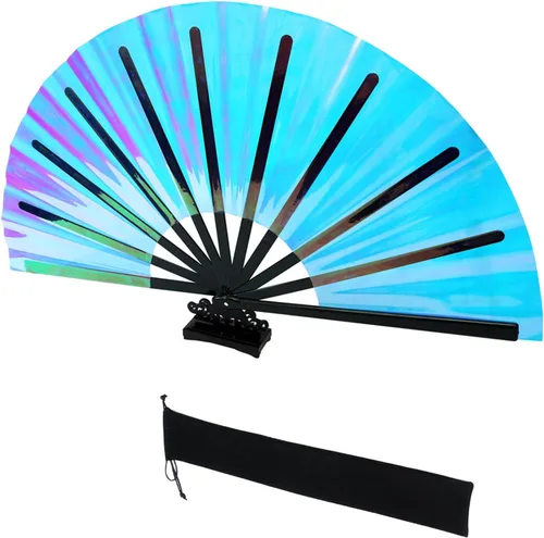 Miniatura 7 de HeyToo Ventilador de mano plegable grande y brillante para fiesta, club nocturno, festival, Halloween, accesorios de traje de 13 pulgadas, azul