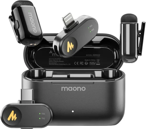 MAONO Wave T1 Mini micrófono inalámbrico Lavalier para iPhone/Android, cancelación de ruido, filtro de voz AI, 30 horas utilizado con estuche de