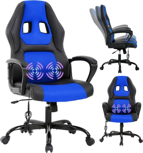 Silla Gamer - Silla ergonómica de masaje para juegos, silla de escritorio de cuero azul para adultos y niños