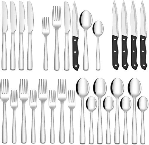Miniatura 9 de Hiware Juego de cubiertos negros de 48 piezas para cubiertos de acero inoxidable 18/10 con tenedores, cuchillos, cucharas, cuchillos para carne