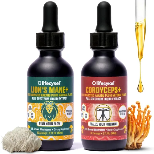 Life Cykel Cordyceps + Lion's Mane Extract Pack – Suplemento orgánico de hongos para energía, concentración y claridad mental – Gotas líquidas de