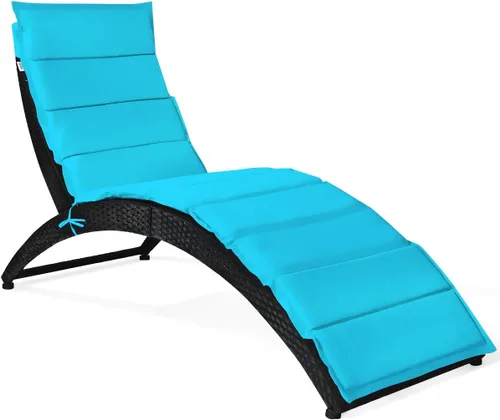 Miniatura 10 de COSTWAY Sillón plegable de ratán para exteriores, tumbona de mimbre para patio con cojín suave, soporte ergonómico con forma para tomar el sol, Rojo