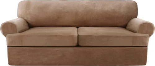 Miniatura 15 de NA Funda de terciopelo para sofá con cojín en T, 4 piezas, fundas de sofá suaves para sofá, fundas protectoras de muebles con 3 asientos Marfil