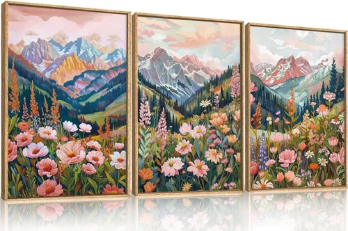 Miniatura 16 de Aryroi Juego de arte de pared en lienzo abstracto grande con marco floral, estilo bohemio, retro, neutro, flores silvestres, arte botánico de flores