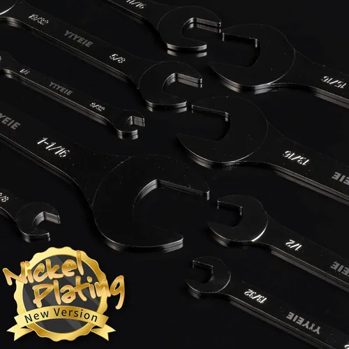 Miniatura 8 de YIYEIE Juego de llaves superfinas de 9 piezas, SAE 1/4" a 1-1/16", niquelado, acero CR-V, juego de llaves de extremo abierto ultradelgadas con Negro