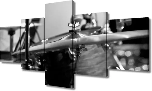 Miniatura 55 de Arte de pared en blanco y negro, kit de batería de jazz morado sobre fondo negro, pinturas de 5 paneles, lienzo, arte de pared para decoración