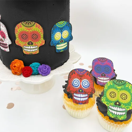 Miniatura 12 de Sugar Robot Inc. Sugar Skulls - Juego de 24 adornos comestibles para pasteles de Halloween Calaveras pequeñas