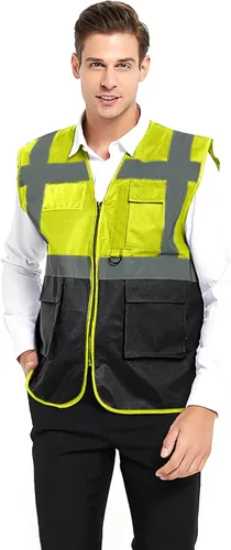 TOPTIE Chaleco de seguridad de alta visibilidad de 5 bolsillos con tiras reflectantes, chaleco de uniforme de trabajo Negro lima neón
