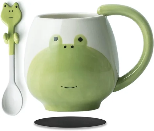 Arawat Linda taza de café de rana con cuchara, diseño de ranas impresas, regalo de 14.2 fl oz, taza de café de cerámica kawaii, tazas divertidas de
