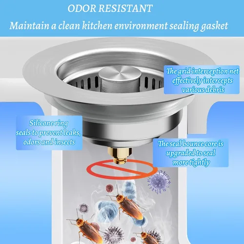 Miniatura 4 de Colador de drenaje de fregadero de cocina 3 en 1, tapón universal de acero inoxidable para fregadero de cocina, antiobstrucción para colador de 1