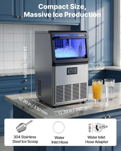 Miniatura 7 de VEVOR Máquina comercial para hacer hielo, 80 libras/24 horas con capacidad de almacenamiento de 13 libras, encimera, independiente/debajo