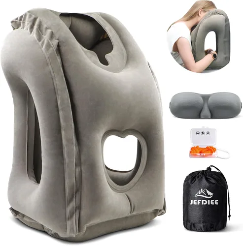 Miniatura 11 de almohada de viaje inflable, almohada para el cuello de avión que apoya cómodamente la cabeza y la barbilla para aviones, trenes, autos, siestas
