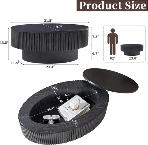 Miniatura 2 de Janmer Home Mesa de Centro Ovalada con Almacenamiento Oculto, Mesa de Centro Moderna de 31.5 Pulgadas de Ancho, Mesa Central con Chapa Acanalada