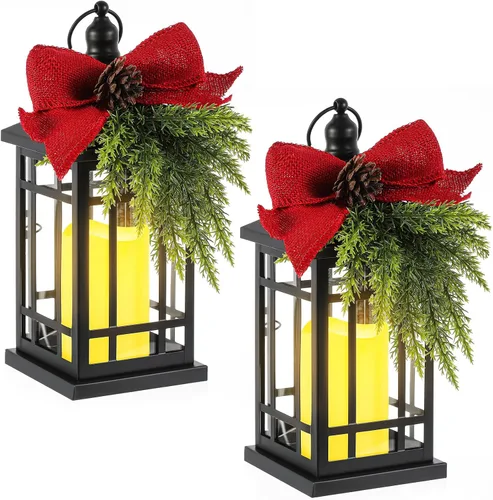 ROCEEI 2 faroles decorativos de Navidad que funcionan con pilas, sin llama, de 14 pulgadas, estilo vintage, LED, colgantes, centros de mesa de