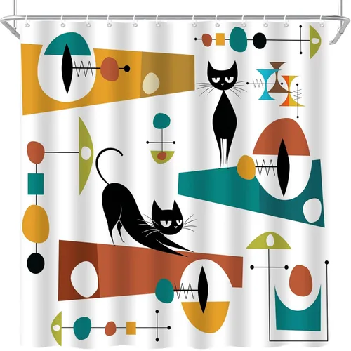 Miniatura 2 de Mid Century Black Cat Shower Curtain Modern Atomic Abstract Geometric Iconic Pattern Retro Black Kitty Animal 1950s 1960s Vintage Funny Teal Fabric