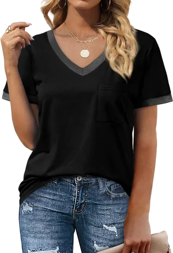 Miniatura 2 de Geifa Camisetas de manga corta con cuello en V para mujer, sueltas, casuales, de verano, con bolsillo