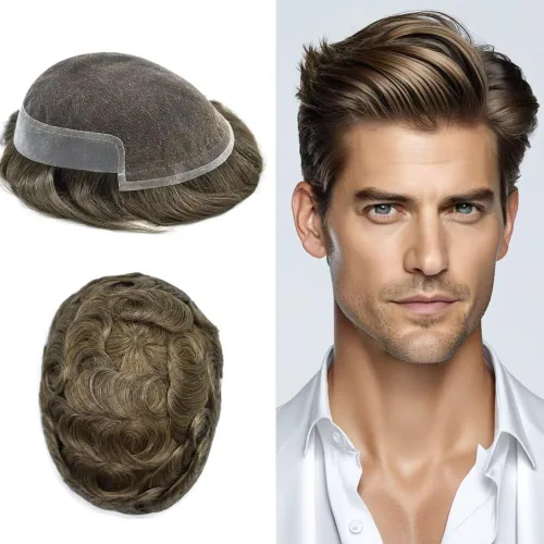 Miniatura 23 de FACE MIRACLE - Tupé frontal de encaje francés para hombres, sistema de reemplazo de cabello humano de encaje con pieza de pelo de poliuretano
