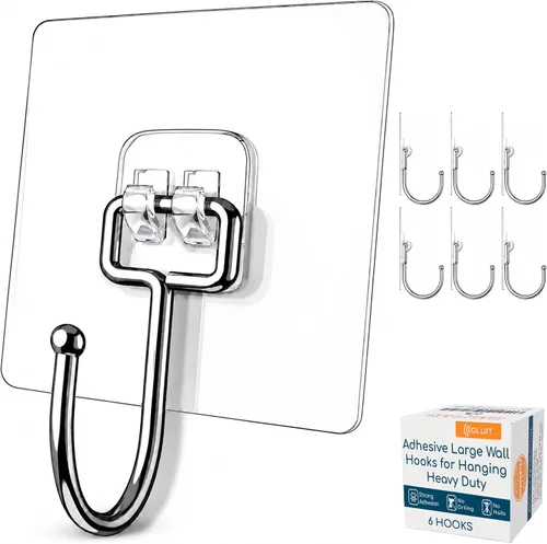 Miniatura 12 de GLUIT Ganchos adhesivos de pared para colgar, ganchos resistentes de 22 libras para paredes, sin daños, gancho transparente adhesivo para toallas