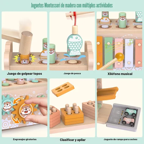 Miniatura 2 de Juguetes de madera Montessori para niños pequeños de 1 a 3 años, juguete de martillado y golpeo para bebés con xilófono y juego de pesca, pista
