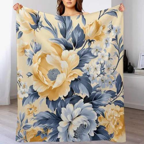Miniatura 7 de Mantas suaves y mantas para sofá, fina manta de franela de flores amarillas y azules polvorientas, manta de franela de flores amarillas y azules