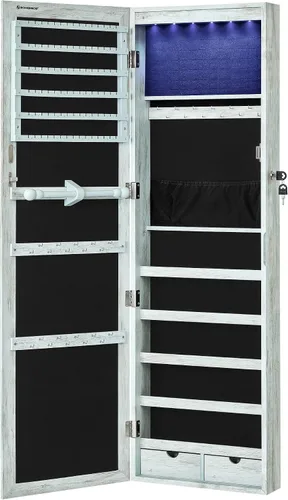 SONGMICS - Gabinete organizador de joyas con 6 luces LED, para montar en la pared o en la puerta, de 47.3pulgadas de alto, con espejo y 2 cajones