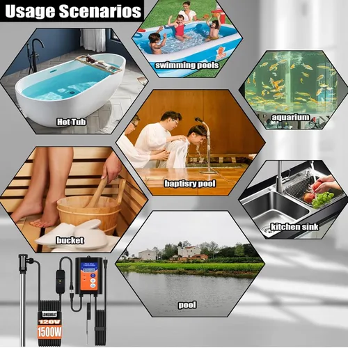 Miniatura 4 de LONRIHEAT - Calentador de agua de inmersión de titanio totalmente sumergible de 1500 W 120 V con termostato LCD y enchufe GFCI, ideal para piscinas