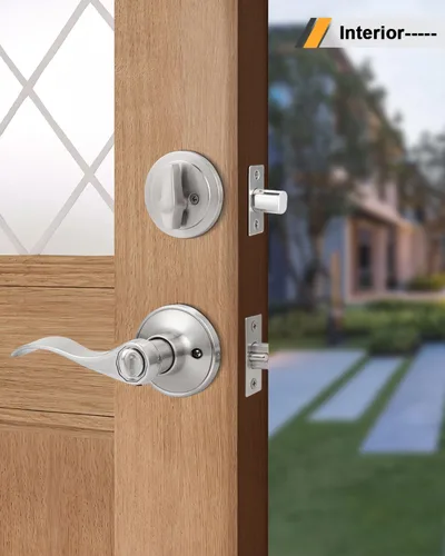 Miniatura 5 de Gobrico Keyd Alike - Manija de puerta de entrada y cerrojo de un solo cilindro en níquel satinado, palanca estilo onda con cerradura y cerrojo
