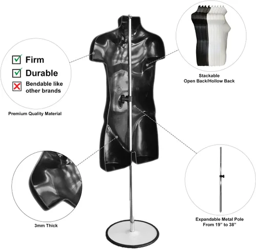 Miniatura 2 de Juego de maniquí negro con espalda hueca para niños y niños pequeños con soporte de metal, poste de metal y ganchos para colgar para encimera