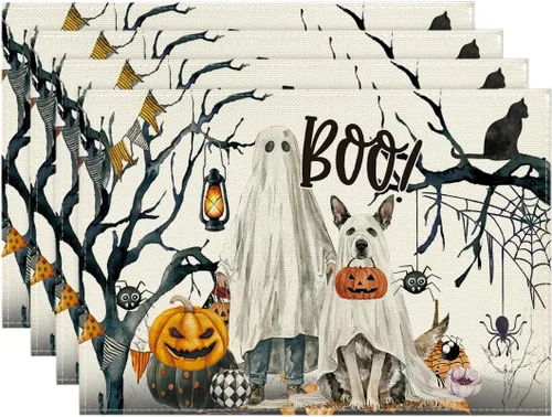 Artoid Mode Juego de 4 manteles individuales de Halloween con diseño de calabazas fantasmas, árbol y perro, 12 x 18 pulgadas, para decoración de