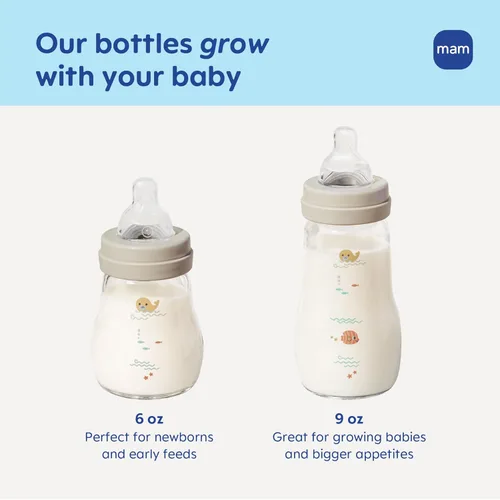 Miniatura 9 de MAM Biberón de cuello ancho anticólicos de vidrio puro Feel Good de 9 onzas, pezón de silicona suave de flujo medio, fácil de limpiar, sin BPA, más