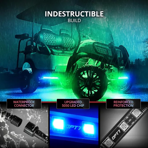 Miniatura 6 de OPT7 Aura DreamColor - Kit de luz LED para carrito de golf de 12 V con aplicación y control remoto, 4 tiras de luz multicolor impermeables