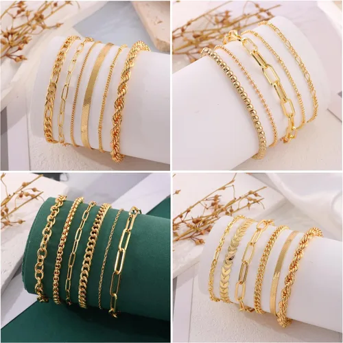 Miniatura 6 de WAINIS Juego de 23 pulseras de cadena de oro para mujer, de moda, chapadas en oro de 14 quilates, pulseras de clip de eslabones de eslabones