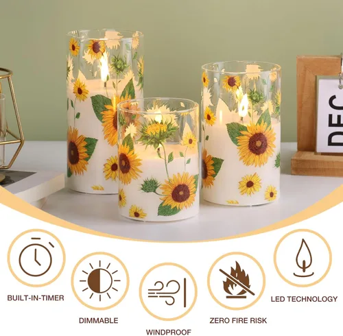 Miniatura 4 de Juego de 3 velas de pilar sin llama de vidrio de girasol con control remoto, velas LED parpadeantes para decoración del hogar de verano