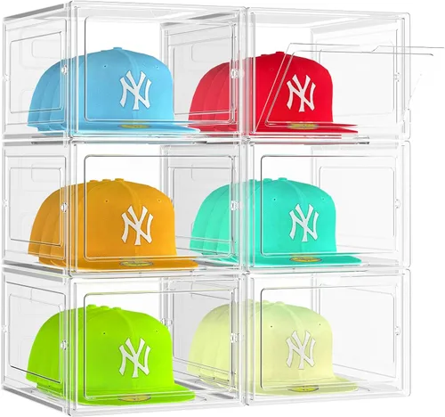 Miniatura 8 de SCAVATA Paquete de 6 Cajas Organizadoras de Sombreros, Cajas Contenedoras Apilables Transparentes para Gorras de Béisbol con Puerta Magnética